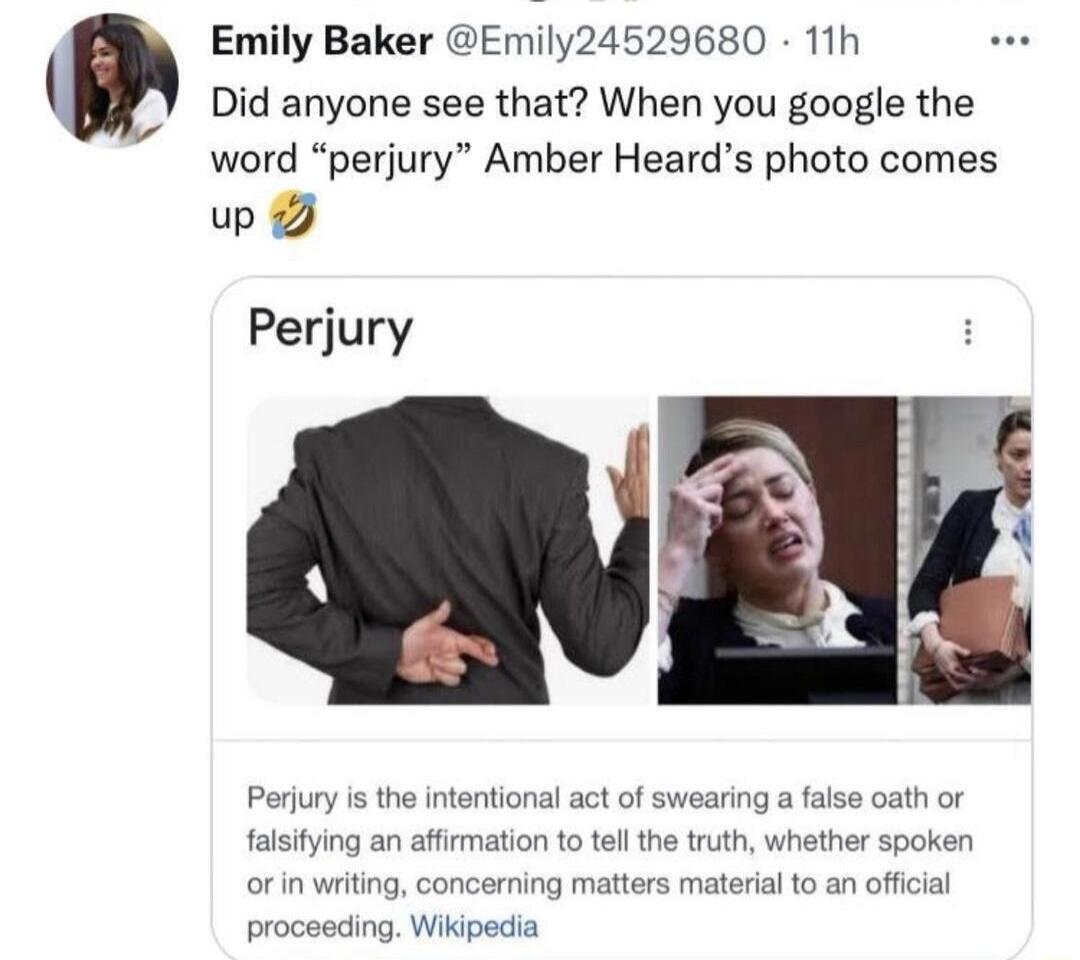 Emily Baker Emily24529680 11h Did anyone see that When you google the word perjury Amber Heards photo comes uwp g Perjury Perjury is the intentional act of swearing a faise oath or falsifying an affn Il the truth whether spoken witing concerning matters proceeding Wikipedia terial to an official