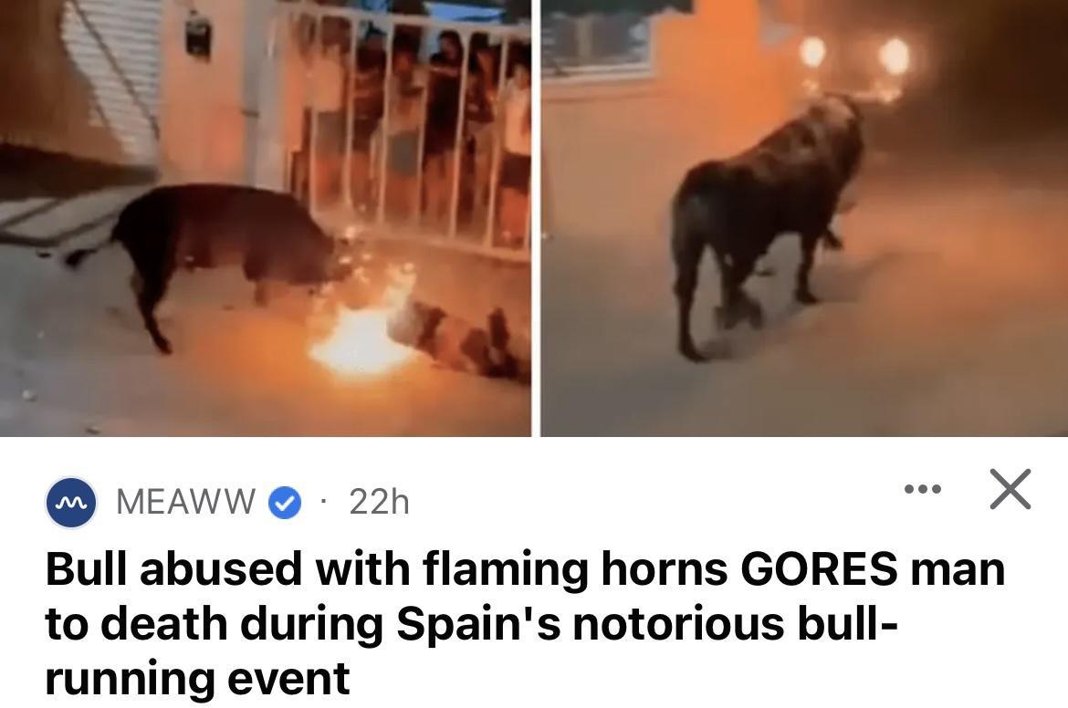 MEAWW 22h Bull abused with flaming horns GORES man to death during Spains notorious bull running event
