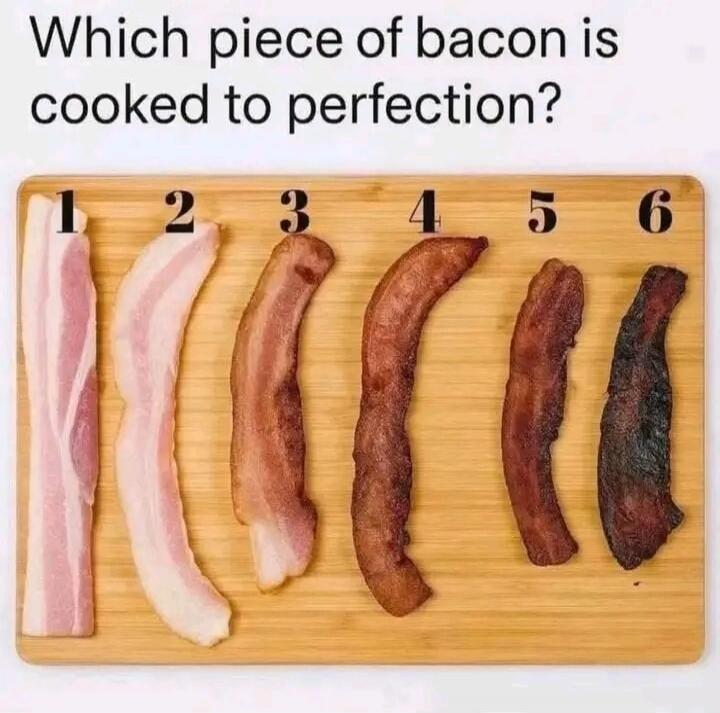 Which piece of bacon is cooked to perfection? 1 2 3 4 5 6