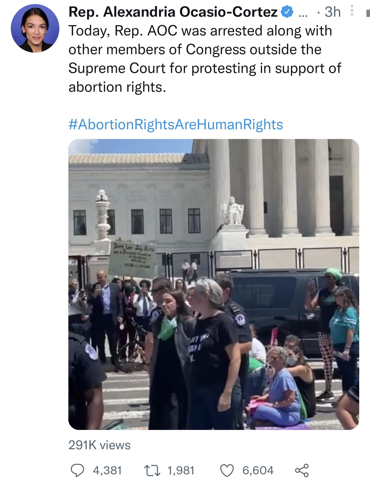 Rep Alexandria Ocasio Cortez 3h Today Rep AOC was arrested along with other members of Congress outside the Supreme Court for protesting in support of abortion rights 291K views 4381 11 1981 Q 6604