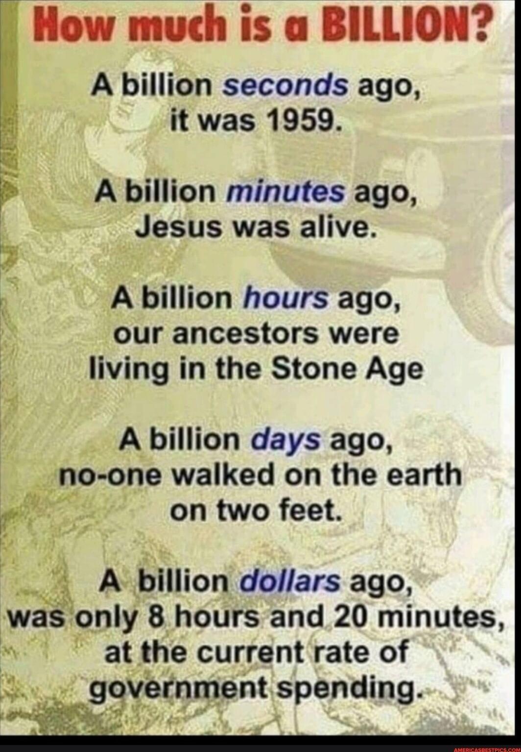 How much is a BILLION A billion seconds ago it was 1959 A billion minutes ago Jesus was alive g A billion hours ago our ancestors were living in the Stone Age A billion days ago 4no one walked on the earth on two feet 1 A bllllon dollars ago wasonly 8 hours and 20 minutes atthe currentrate of g elnment spending