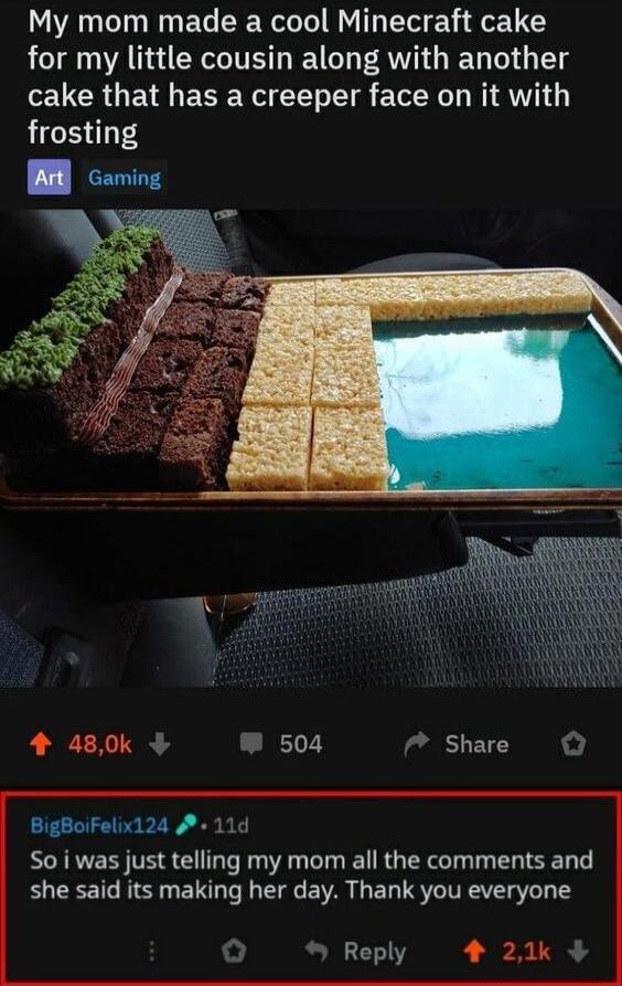 My mom made a cool Minecraft cake LT A G CRITE T RN G AV T T T cake that has a creeper face on it with frosting 4 480k 504 Share O BigBoiFelix124 A 11d So i was just telling my mom all the comments and ELEEE T S ET R T E VAR G ET TRV Reply 421k