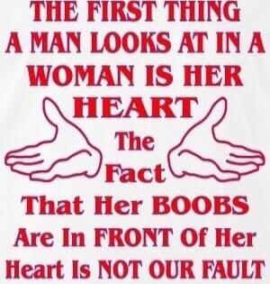 THE FIRST THING A MAN LOOKS AT IN A WOMAN IS HER HEART The Fact That Her BOOBS Are In FRONT OF Her Heart Is NOT OUR FAULT