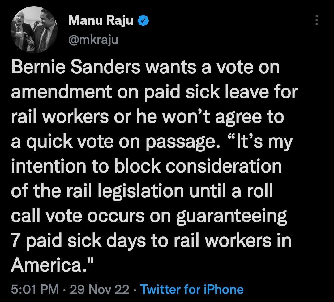 AR ManuRajuo mkraju EIGIEISEL T CI SR G RV CXG amendment on paid sick leave for rail workers or he wont agree to a quick vote on passage Its my intention to block consideration RGERETREESENTT HV RN el call vote occurs on guaranteeing 7 paid sick days to rail workers in America 501 PM 29 Nov 22 Twitter for iPhone