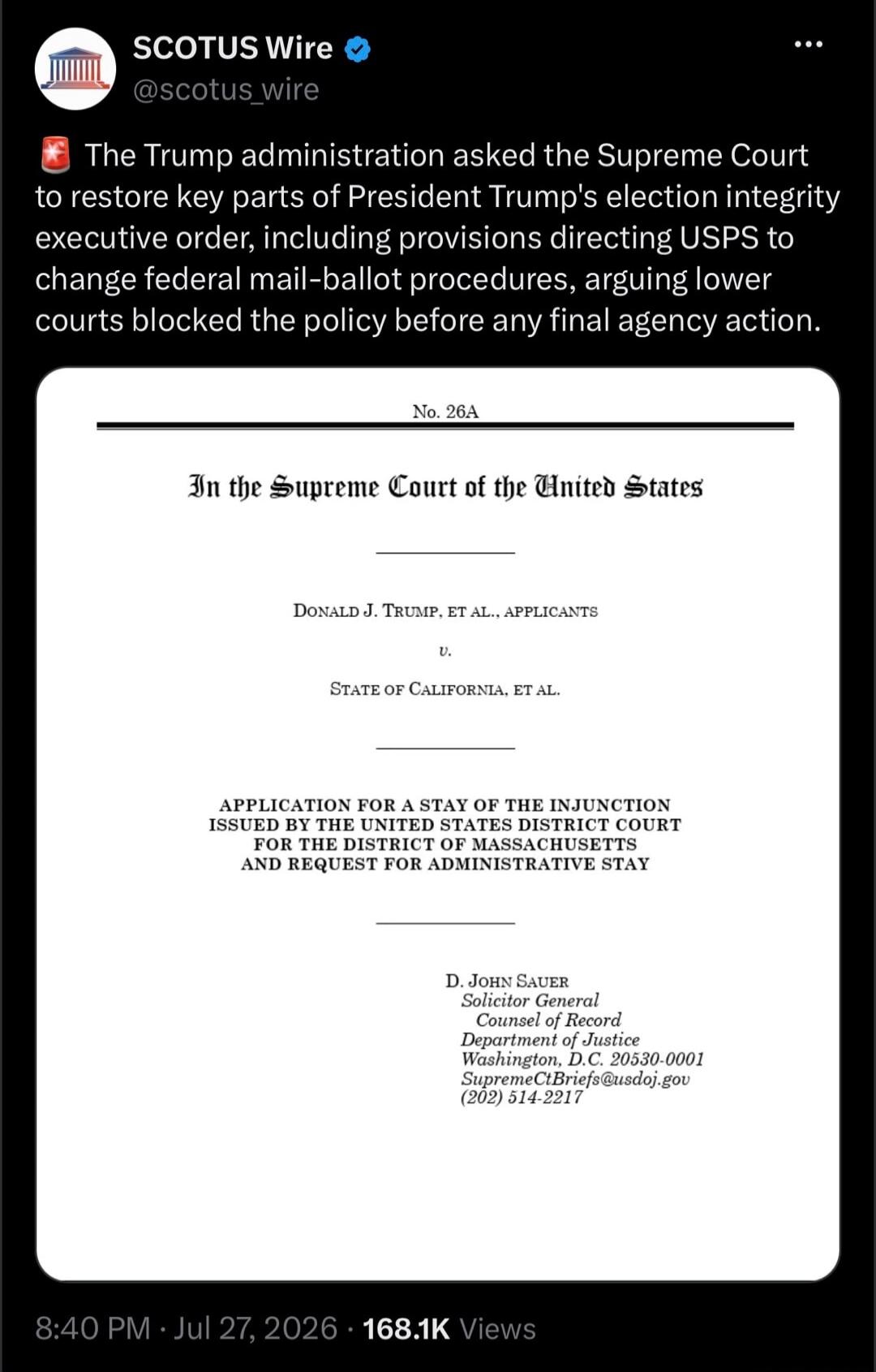 The Trump administration asked the Supreme Court to restore key parts of President Trump's election integrity executive order, including provisions directing USPS to change federal mail-ballot procedures, arguing lower courts blocked the policy before any final agency action. This is an application for a stay of the injunction issued by the United 
