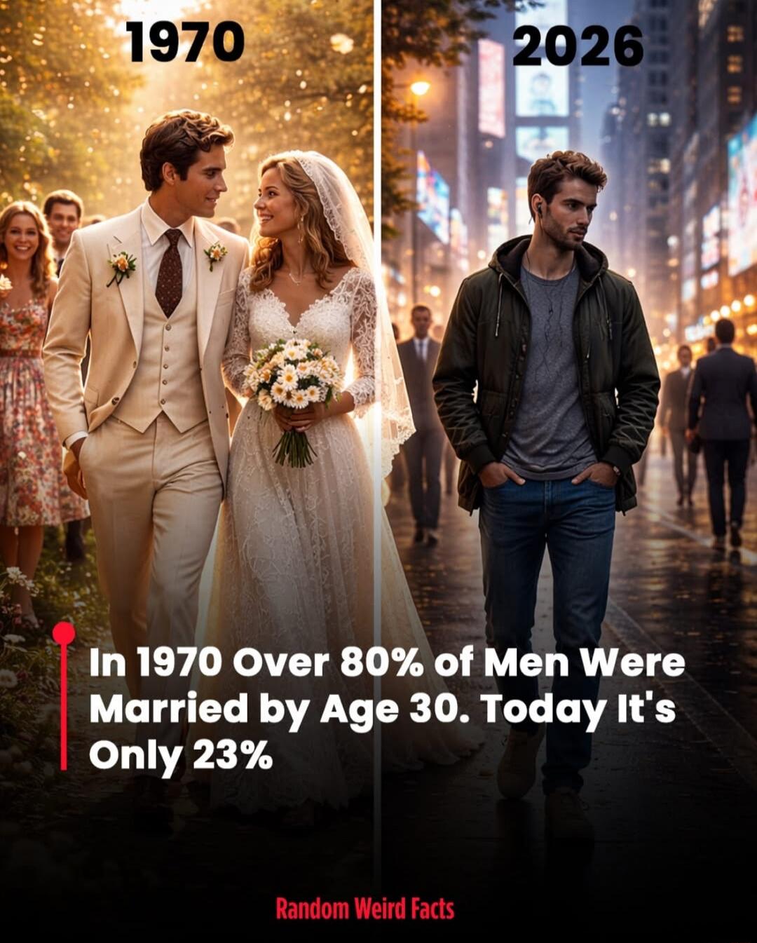 1970      2026
In 1970 Over 80% of Men Were Married by Age 30. Today It's Only 23%
Random Weird Facts