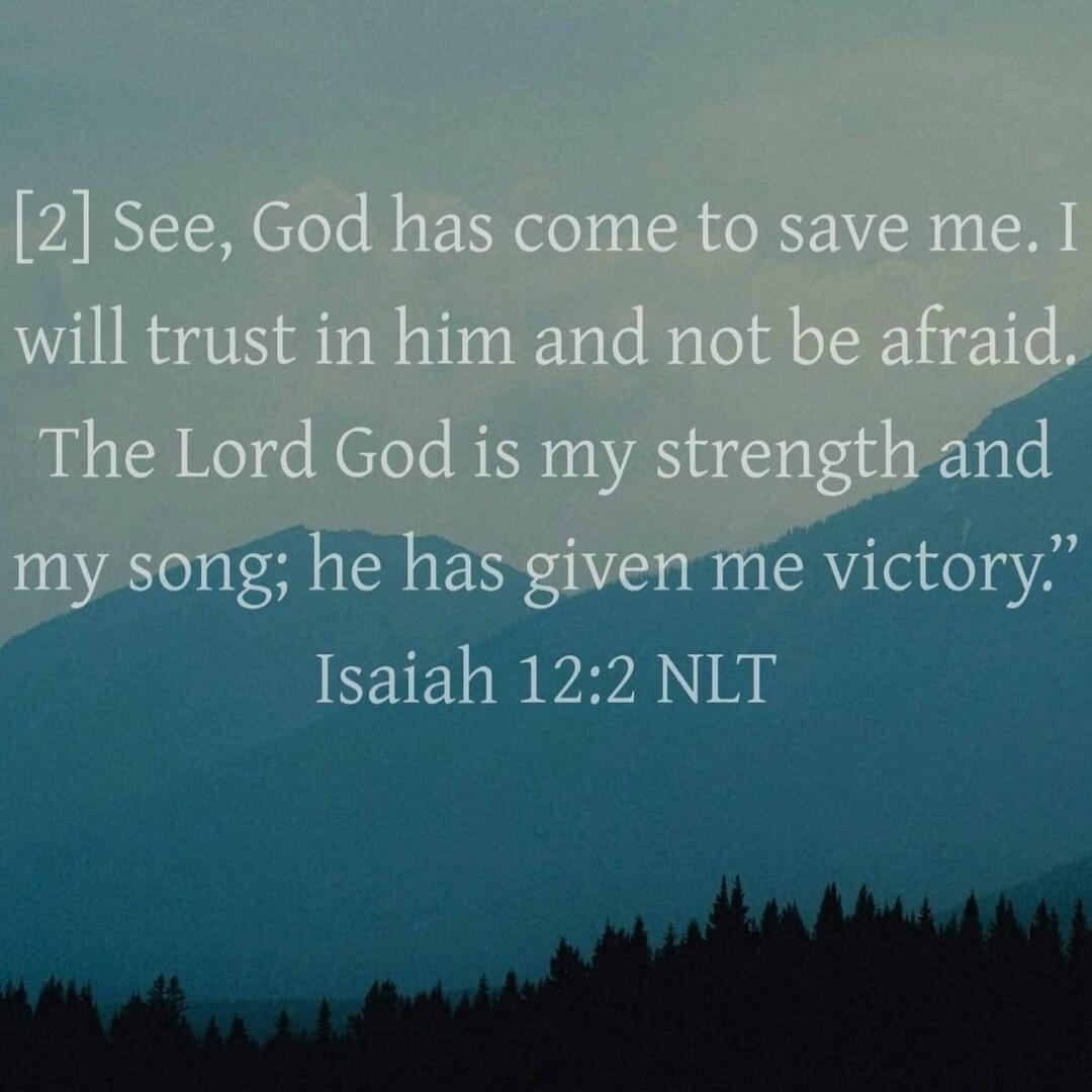 [2] See, God has come to save me. I will trust in him and not be afraid. The Lord God is my strength and my song; he has given me victory.” Isaiah 12:2 NLT