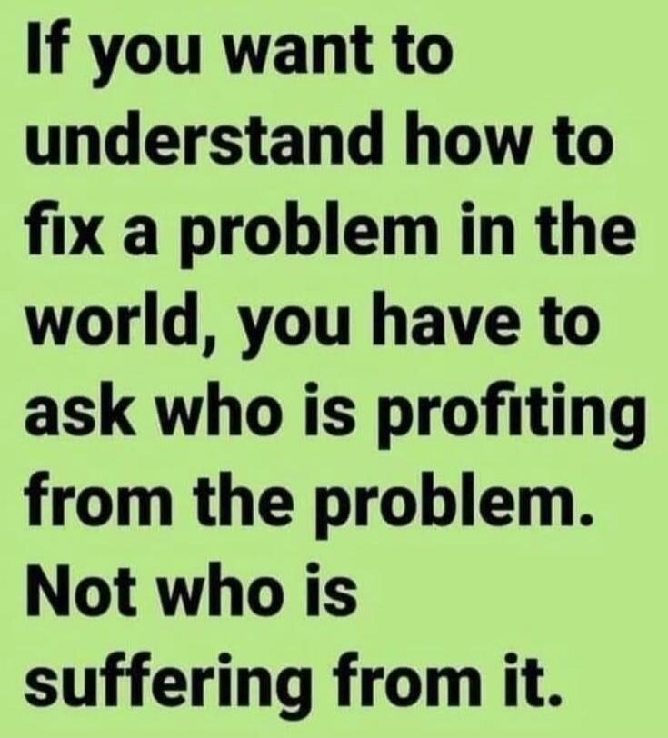 If you want to understand how to fix a problem in the world, you have to ask who is profiting from the problem. Not who is suffering from it.