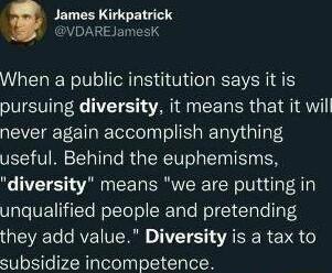 James Kirkpatrick VDAREJamesK When a public institution says it is pursuing diversity it means that it wil never again accomplish anything useful Behind the euphemisms diversity means we are putting in unqualified people and pretending they add value Diversity is a tax to subsidize incompetence