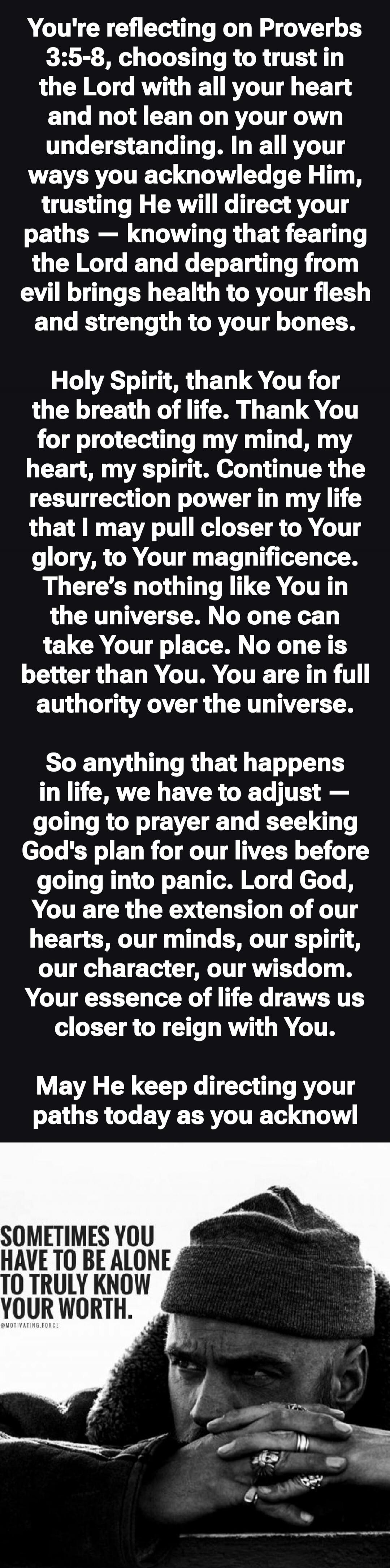 You're reflecting on Proverbs 3:5-8, choosing to trust in the Lord with all your heart and not lean on your own understanding. In all your ways you acknowledge Him, trusting He will direct your paths — knowing that fearing the Lord and departing from evil brings health to your flesh and strength to your bones. Holy Spirit, thank You for the breath 