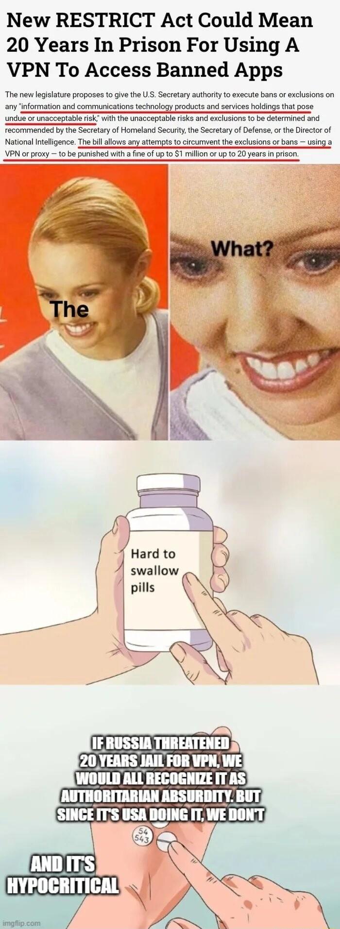 New RESTRICT Act Could Mean 20 Years In Prison For Using A VPN To Access Banned Apps The new lgislature proposes to give the U Secrtary authorty 1o execute bans orexclusions on any information and communications technology products and services holdings that pose undie o unacceptable ickwiththe Unacceptable iske and exclusions 1 be determined and Tecommended by the Sectetay of Homeland Securty the