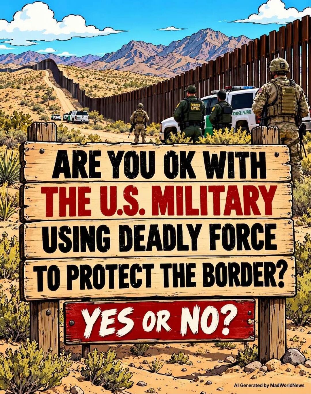 ARE YOU OK WITH THE U.S. MILITARY USING DEADLY FORCE TO PROTECT THE BORDER? YES OR NO? AI Generated by MadWorldNews