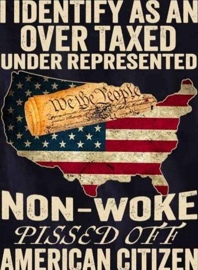 I IDENTIFY AS AN OVER TAXED UNDER REPRESENTED NON-WOKE PISSED OFF AMERICAN CITIZEN
WE THE PEOPLE