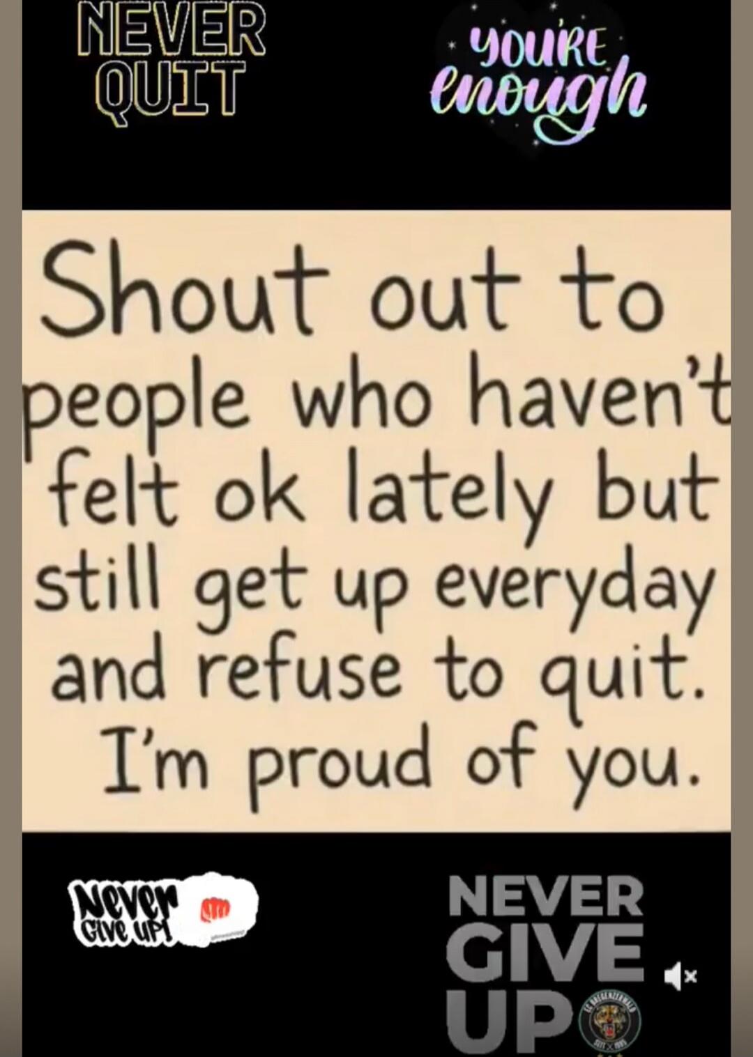 Shout out to people who haven't felt ok lately but still get up everyday and refuse to quit. I’m proud of you. NEVER QUIT YOU'RE ENOUGH Never Give Up! NEVER GIVE UP