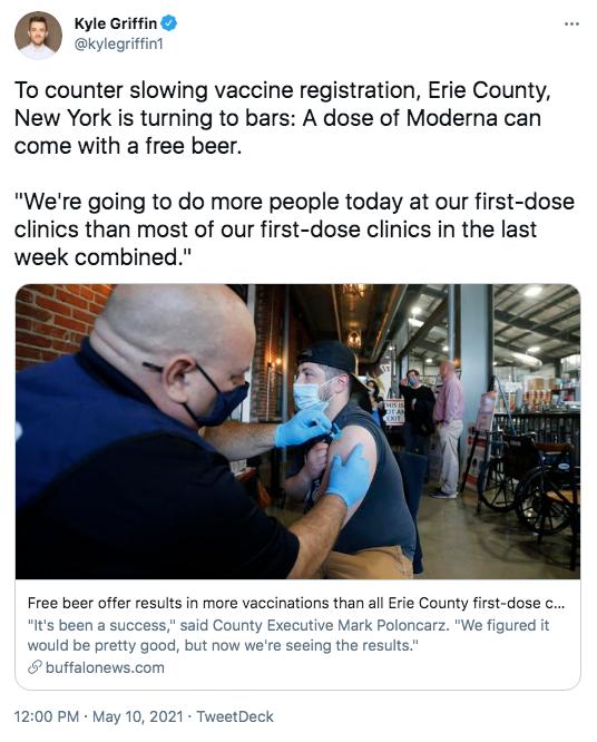 Q Kyle Griffin kylegriffin1 To counter slowing vaccine registration Erie County New York is turning to bars A dose of Moderna can come with a free beer Were going to do more people today at our first dose clinics than most of our first dose clinics in the last week combined Free beer offer results in more vaccinations than all Erie County first dose c Its been a success said County Executive Mark 