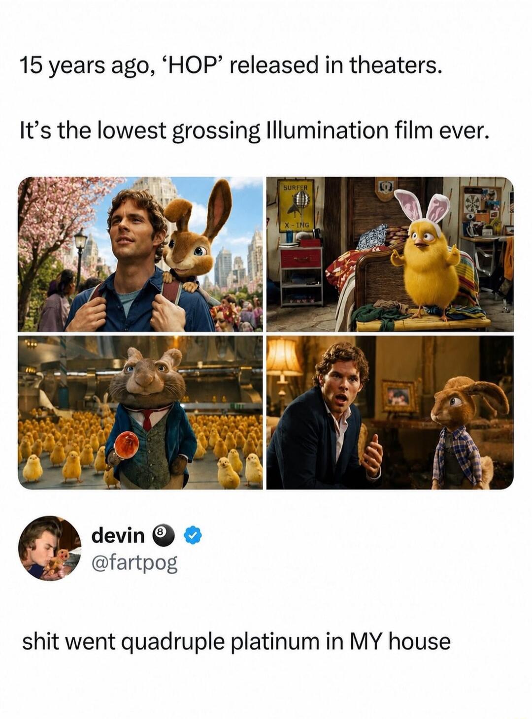 15 years ago, 'HOP' released in theaters. It's the lowest grossing Illumination film ever. devin @fartpog shit went quadruple platinum in MY house