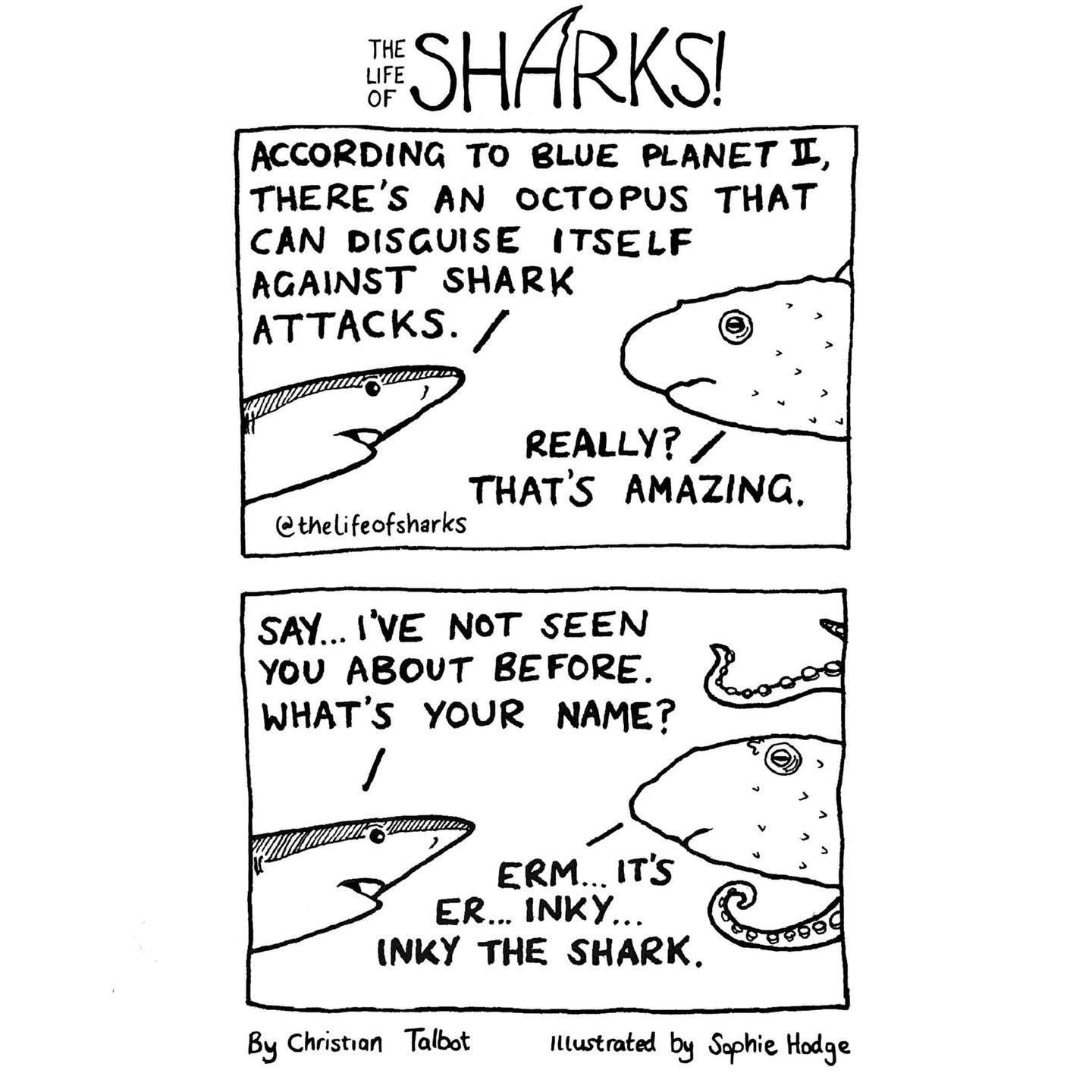 ESHARKS ACCORDING ToO BLUE PLANET I THERES AN OCTOPUS THAT CAN DISGUISE ITSELF AGAINST SHARK ATTACKS REALLY THATS AMAZING e telfeofabarks SAYVE NoT SEEN You ABOUT BEFORE j WHATS YOUR NAME ERM_ITS ER INKY INKY THE suugx By Chisnan Tabst ittt by Sphie Hoige