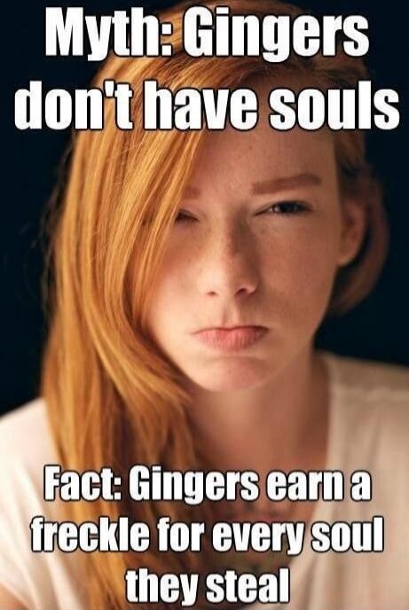Myth: Gingers don't have souls. Fact: Gingers earn a freckle for every soul they steal.