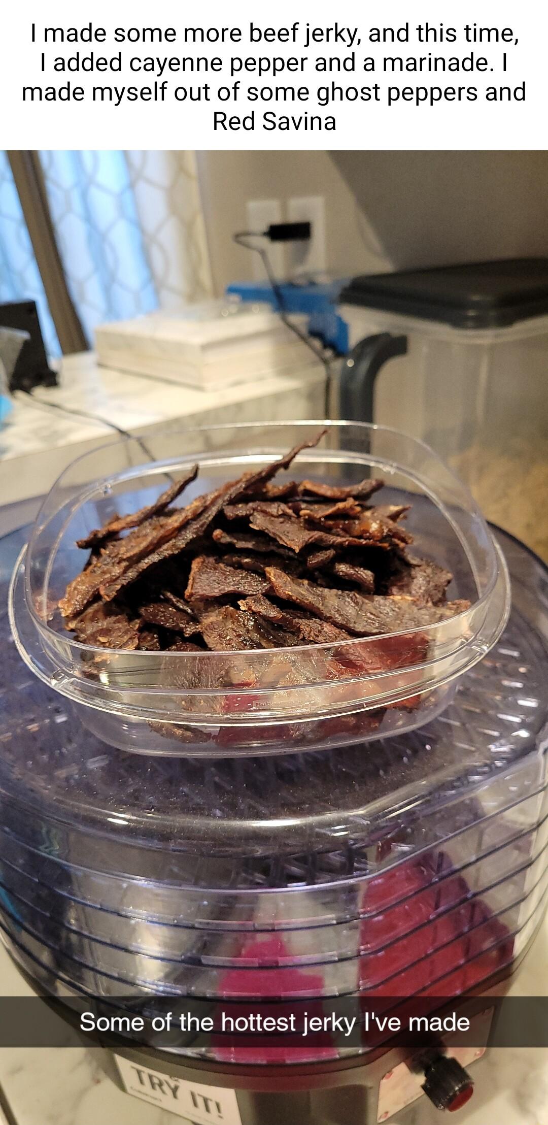 made some more beef jerky and this time added cayenne pepper and a marinade made myself out of some ghost peppers and Red Savina Some of the hottest jerky Ive made _ T 28