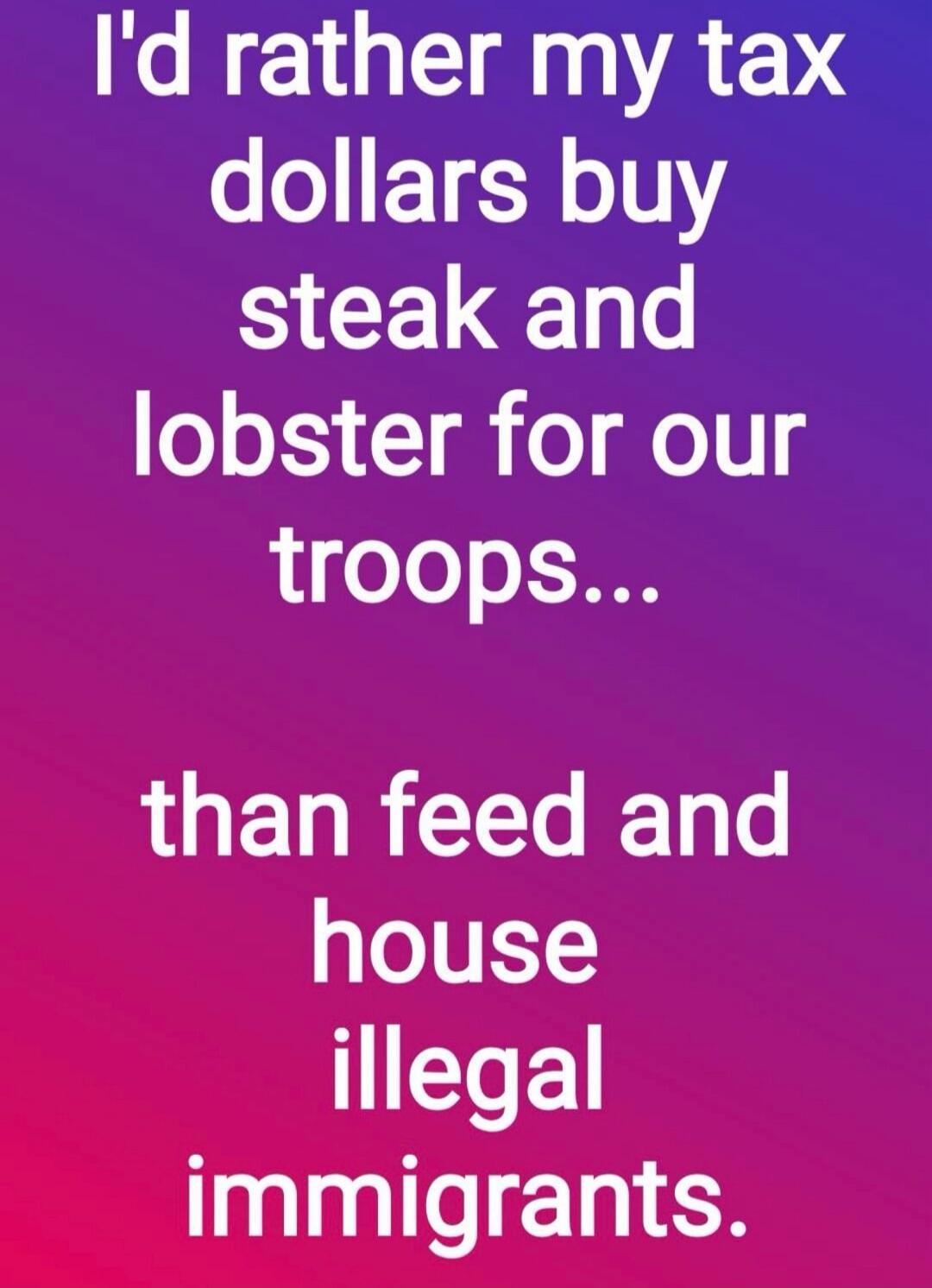 I'd rather my tax dollars buy steak and lobster for our troops... than feed and house illegal immigrants.