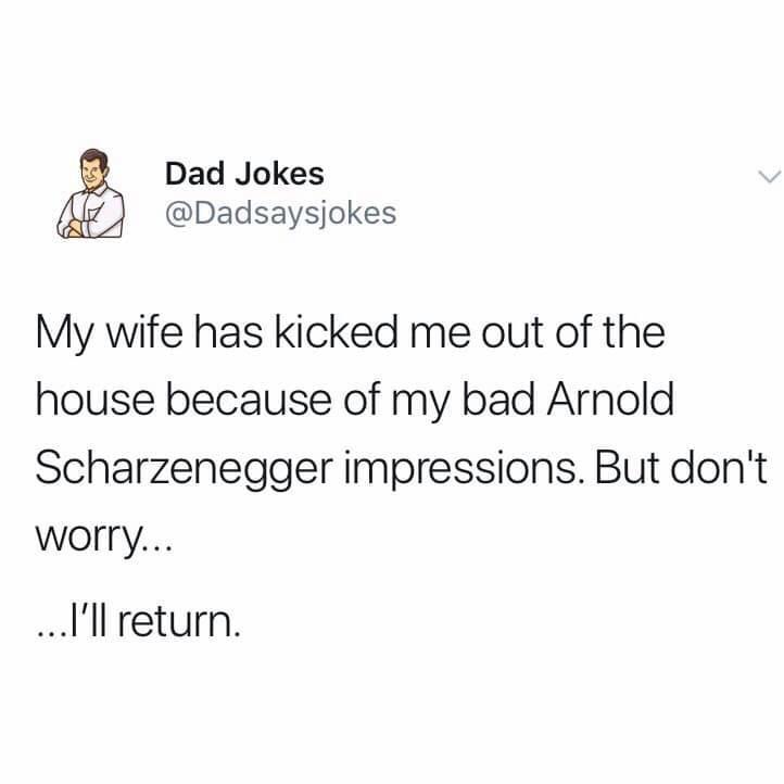 Dad Jokes Dadsaysjokes My wife has kicked me out of the house because of my bad Arnold Scharzenegger impressions But dont WOITy Al return