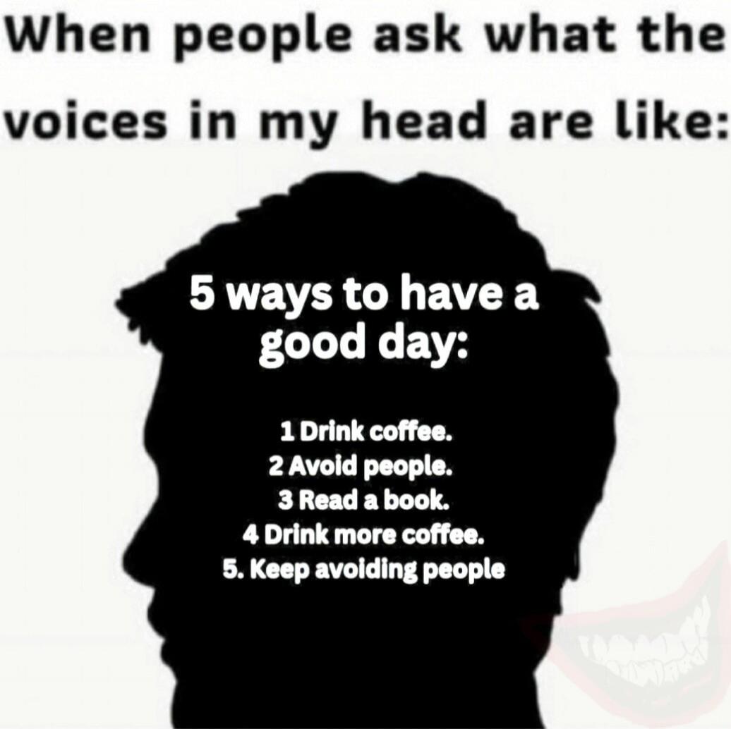 When people ask what the voices in my head are like: 5 ways to have a good day: 1 Drink coffee. 2 Avoid people. 3 Read a book. 4 Drink more coffee. 5. Keep avoiding people