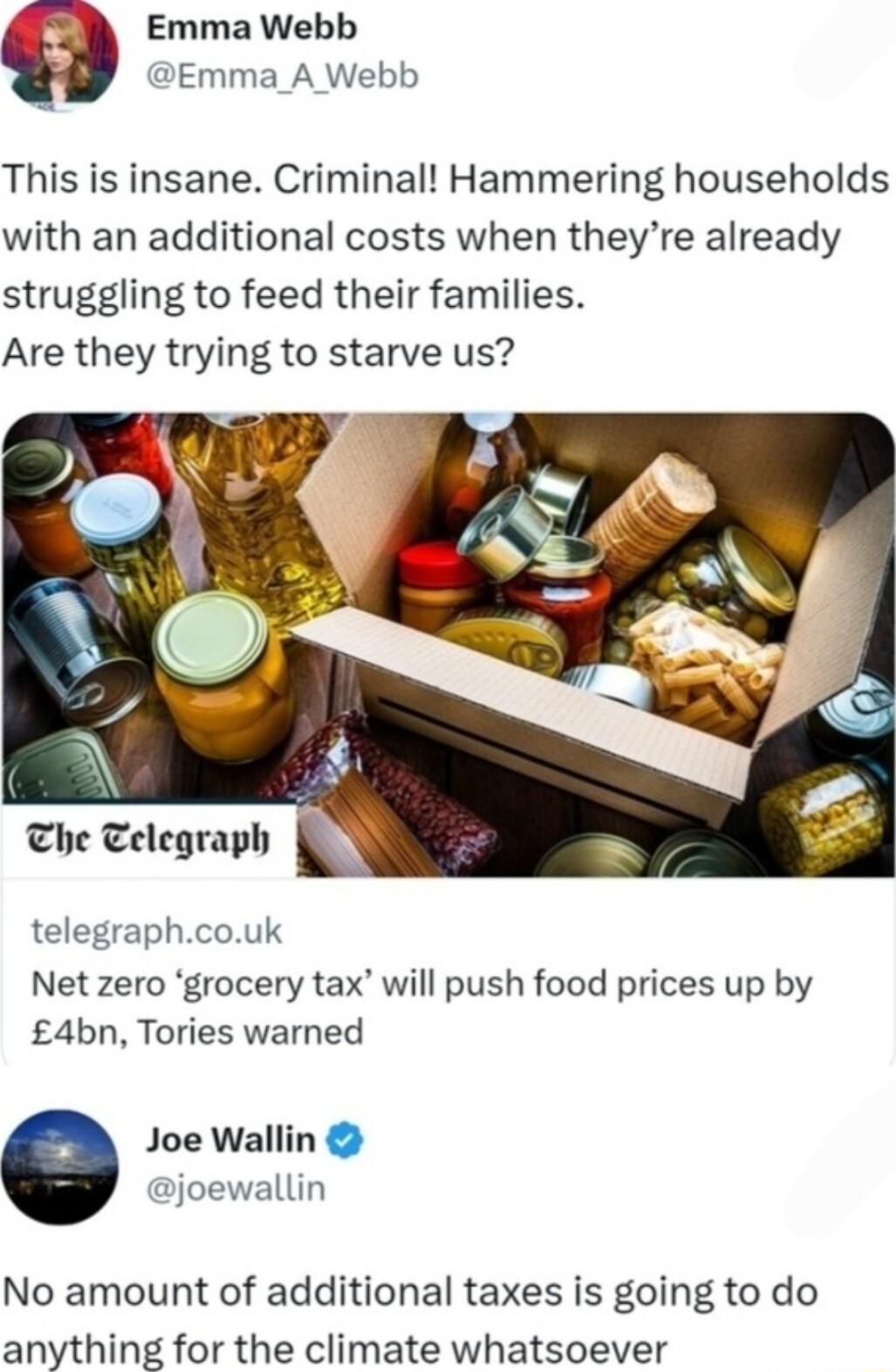 Emma Webb Emma_A Webb This is insane Criminal Hammering households with an additional costs when theyre already struggling to feed their families Are they trying to starve us The Telegraph telegraphcouk Net zero grocery tax will push food prices up by 4bn Tories warned Joe Wallin joewallin No amount of additional taxes is going to do anything for the climate whatsoever