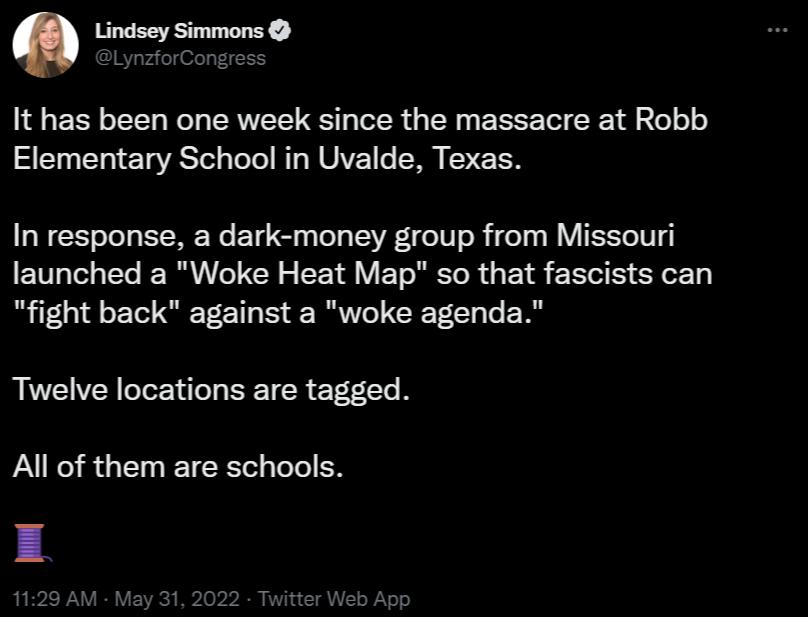 EEETES Y LynzforCongress Ll g Eo T oTTT s Wl TRTVT ST g ot g 1SR g E T To Xl o o o S1001T01 e1 g VRS ol o Yoo Tg WULVE o M Ve TSN In response a dark money group from Missouri launched a Woke Heat Map so that fascists can fight back against a woke agenda Twelve locations are tagged All of them are schools
