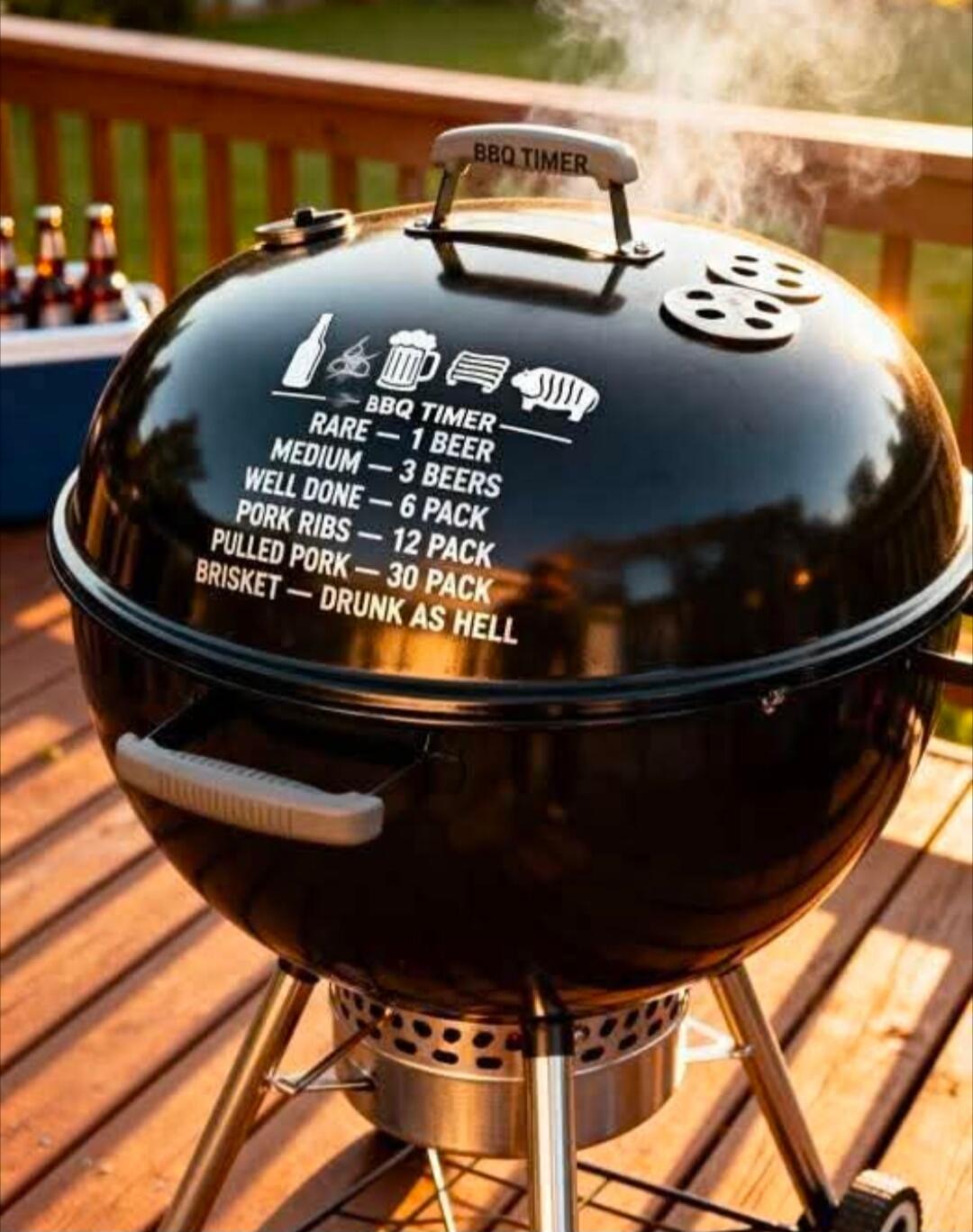 BBQ TIMER. BBQ TIMER. RARE - 1 BEER. MEDIUM - 3 BEERS. WELL DONE - 6 PACK. PORK RIBS - 12 PACK. PULLED PORK - 30 PACK. BRISKET - DRUNK AS HELL.