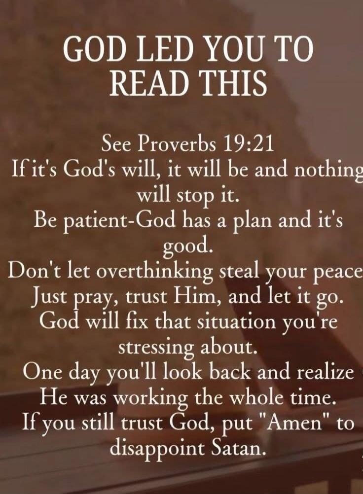 GOD LED YOU TO READ THIS. See Proverbs 19:21. If it's God's will, it will be and nothing will stop it. Be patient - God has a plan and it's good. Don't let overthinking steal your peace. Just pray, trust Him, and let it go. God will fix that situation you're stressing about. One day you'll look back and realize He was working the whole time. If you