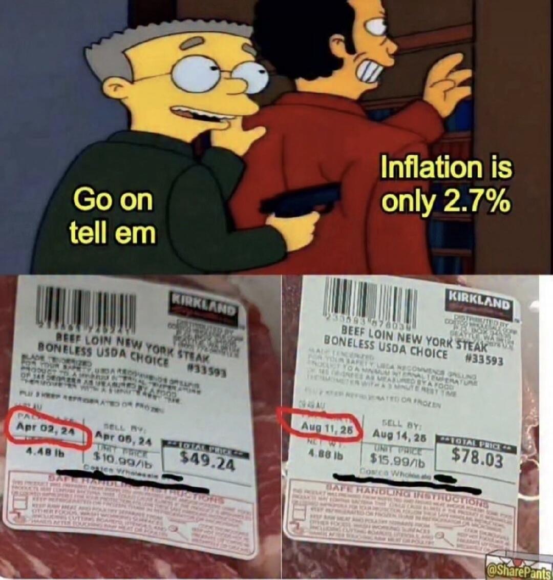 Go on tell em. Inflation is only 2.7%. BEEF LOIN NEW YORK STEAK. Apr 02, 24. 4.48 lb. $10.99/lb. $49.24. Aug 11, 26. 4.88 lb. $15.99/lb. $78.03.