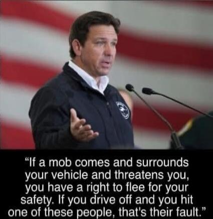 If a mob comes and surrounds your vehicle and threatens you, you have a right to flee for your safety. If you drive off and you hit one of these people, that's their fault.