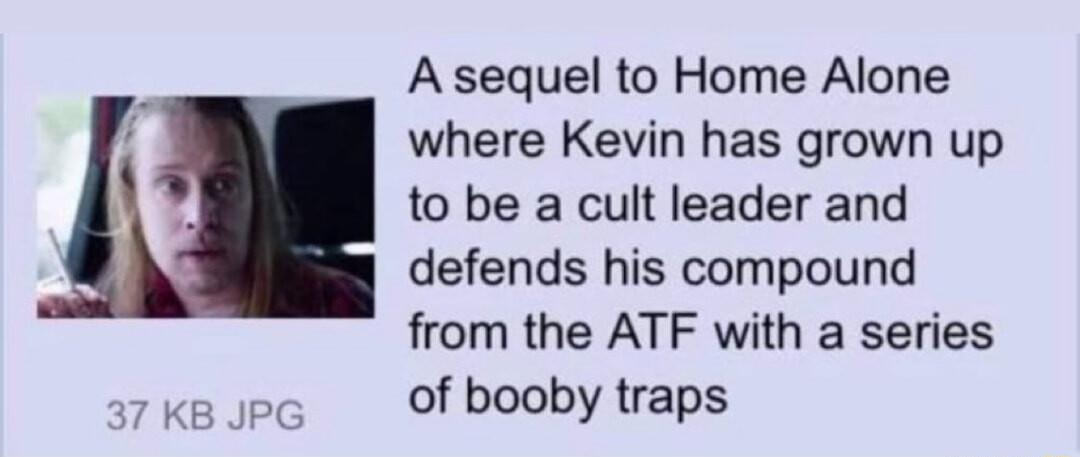 A sequel to Home Alone where Kevin has grown up to be a cult leader and defends his compound from the ATF with a series of booby traps