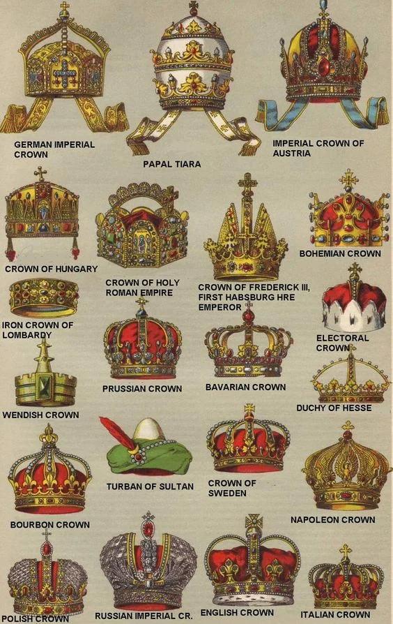 CROWN OF HUNGARY CROWN OF HOLY ROMAN EMPIRE oM CROVMIER P ELEcmRA e X 8 TURBAN OF suLTAN CROWN OF ITALIAN CROWN RUSSIAN MPERIAL CR ENGLISH CROWN