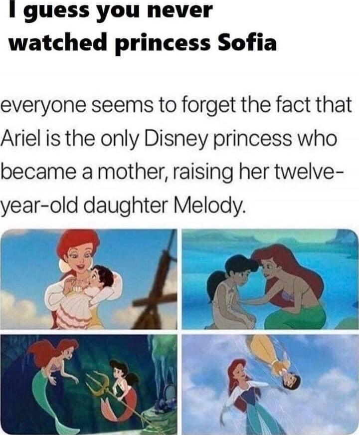 1 guess you never watched princess Sofia everyone seems to forget the fact that Ariel is the only Disney princess who became a mother raising her twelve year old daughter Melody