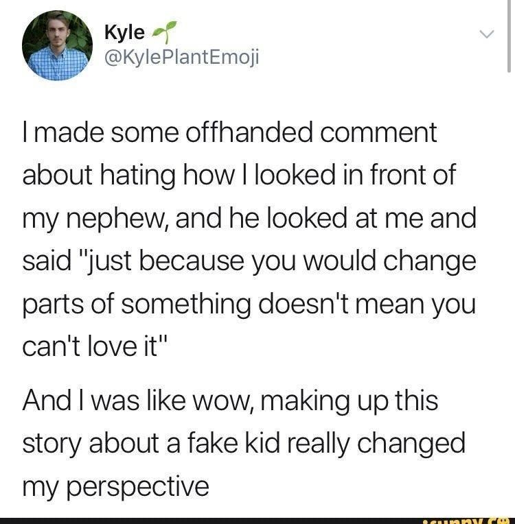 Kyle KylePlantEmoji I made some offhanded comment about hating how looked in front of my nephew and he looked at me and said just because you would change parts of something doesnt mean you cant love it And was like wow making up this story about a fake kid really changed my perspective