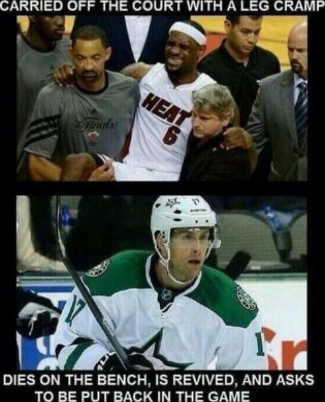 CARRIED OFF THE COURT WITH A LEG CRAMP
DIES ON THE BENCH, IS REVIVED, AND ASKS TO BE PUT BACK IN THE GAME