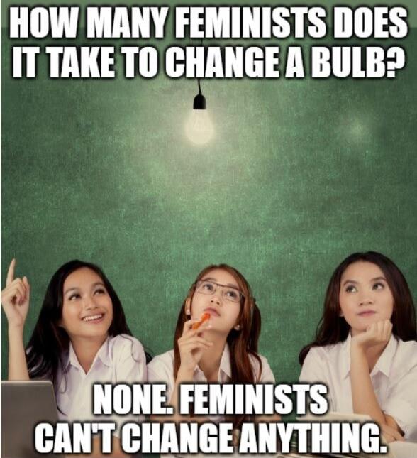 HOW MANY FEMINISTS DOES IT TAKE TO CHANGE A BULB? NONE. FEMINISTS CAN'T CHANGE ANYTHING.