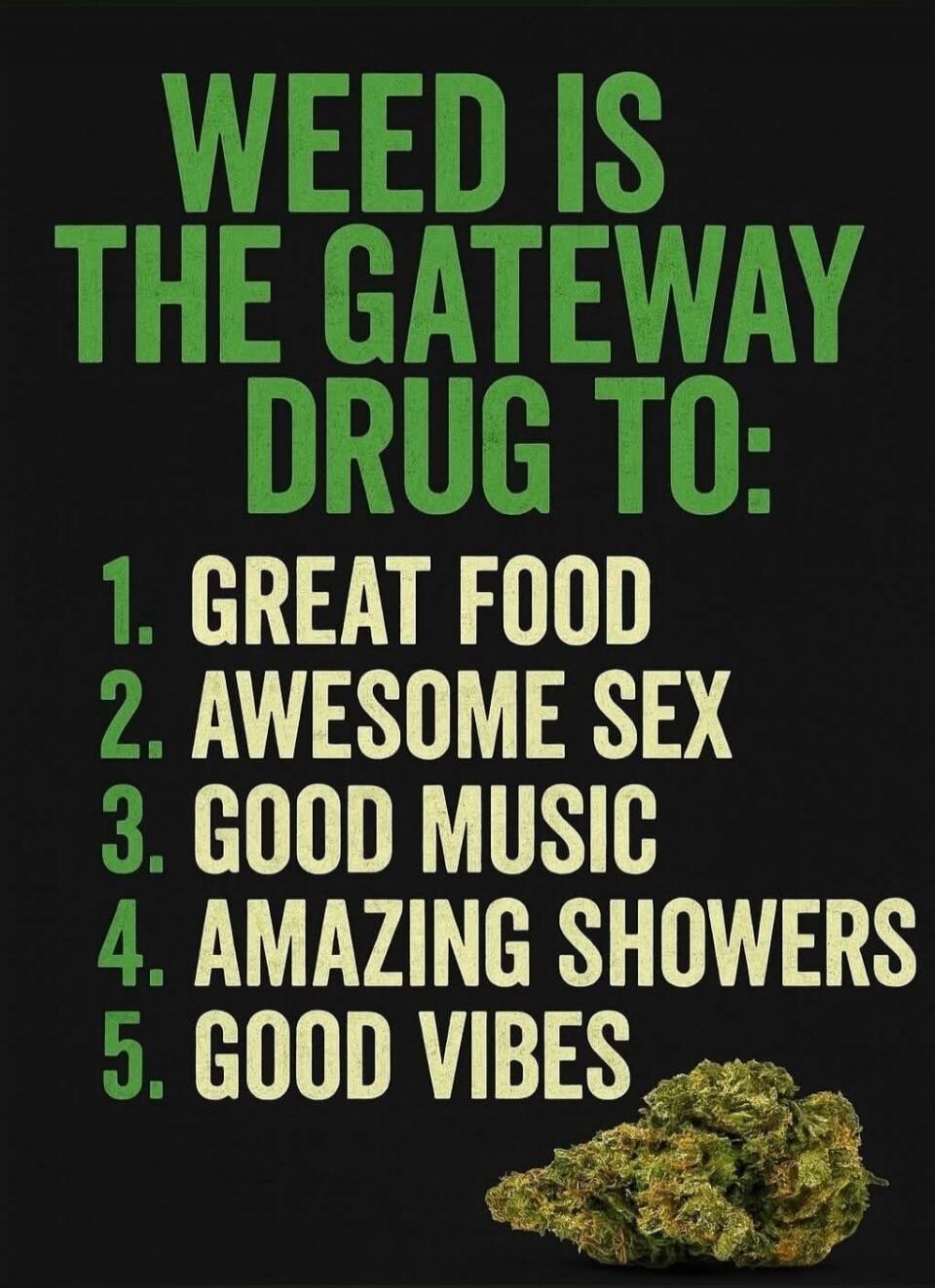 WEED IS THE GATEWAY DRUG TO: 1. GREAT FOOD 2. AWESOME SEX 3. GOOD MUSIC 4. AMAZING SHOWERS 5. GOOD VIBES