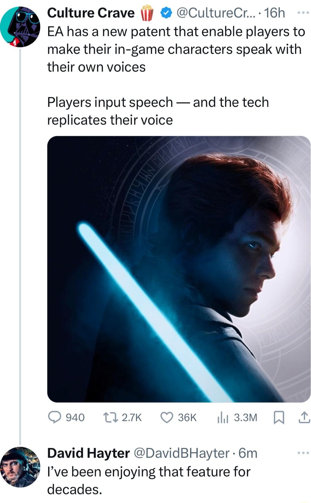 EA has a new patent that enable players to make their in game characters speak with their own voices 9 Culture Crave j CultureCr 16h Players input speech and the tech replicates their voice 940 27k Q 36K 33M David Hayter DavidBHayter 6m Ive been enjoying that feature for decades