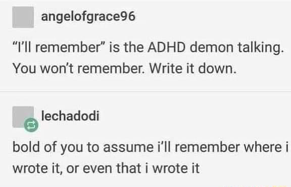 angelofgrace96 Ill remember is the ADHD demon talking You wont remember Write it down lechadodi bold of you to assume ill remember where i wrote it or even that i wrote it