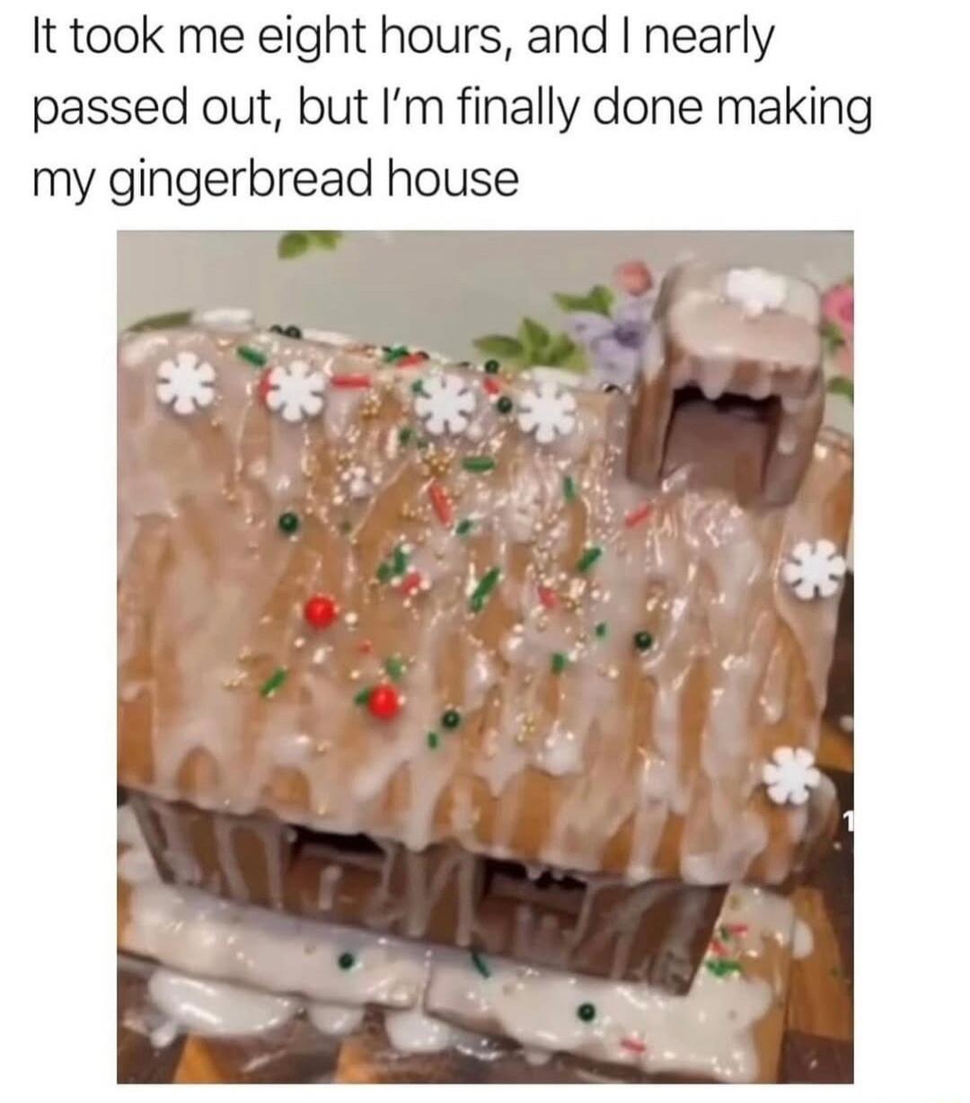 It took me eight hours, and I nearly passed out, but I’m finally done making my gingerbread house