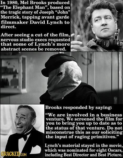 In 1980 Mel Brooks produced The Elephant Man based on the tragic story of Joseph John Merrick tapping avant garde filmmaker David Lynch to direct After seeing a cut of the film nervous studio execs requested that some of Lynchs more Brooks responded by saying We are involved in a business venture We screened the film for you to bring you up to date as to the status of that venture not misconstrue 