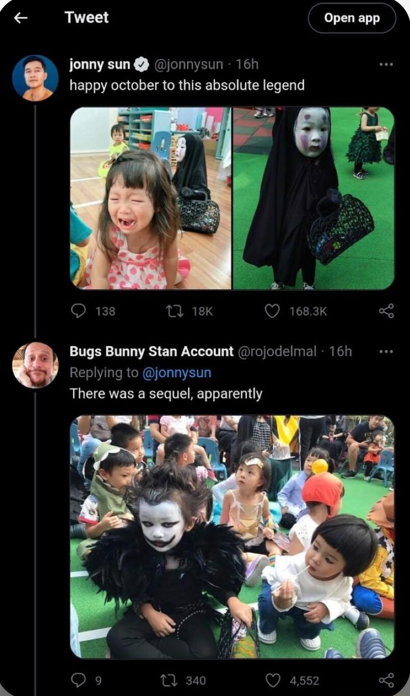 Tweet Open app jonny sun jonnysun 16h happy october to this absolute legend Bugs Bunny Stan Account 3cjodelma p 4 There was a sequel apparently
