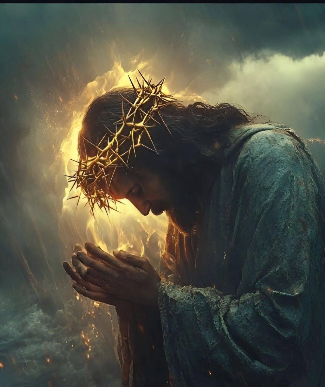 Jesus with a crown of thorns praying, bathed in a radiant glow.
