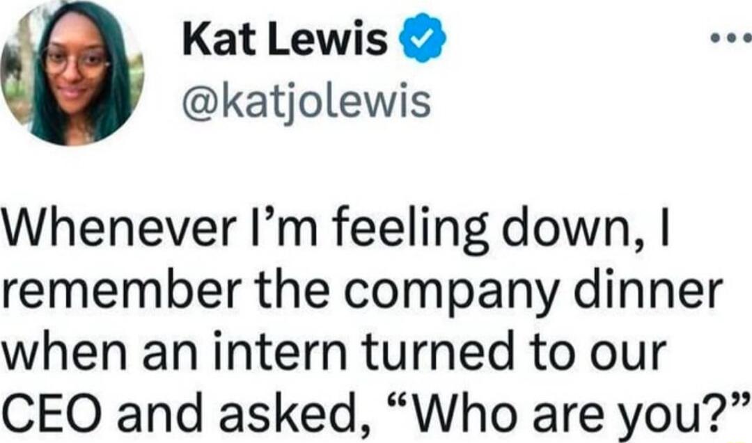 Kat Lewis katjolewis Whenever Im feeling down remember the company dinner when an intern turned to our CEO and asked Who are you