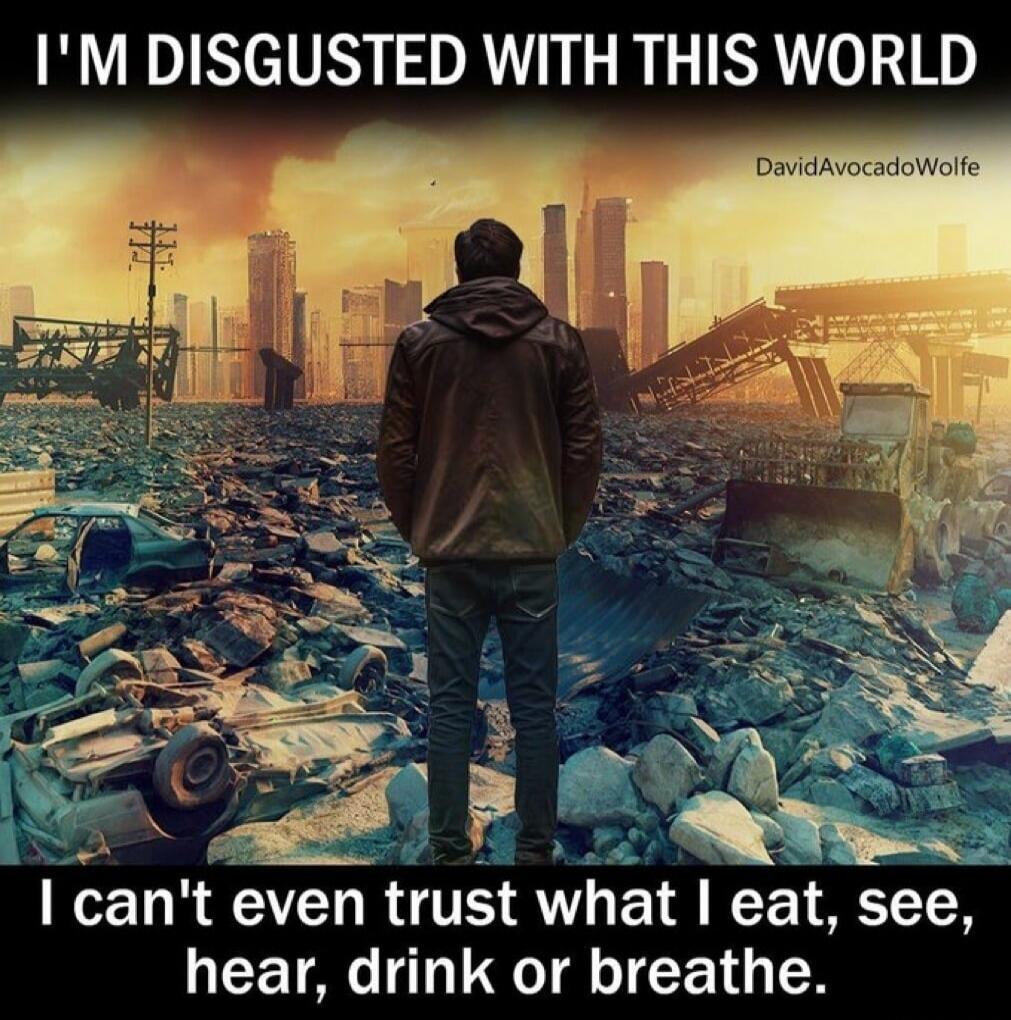 I'M DISGUSTED WITH THIS WORLD DavidAvocadoWolfe I can't even trust what I eat, see, hear, drink or breathe.