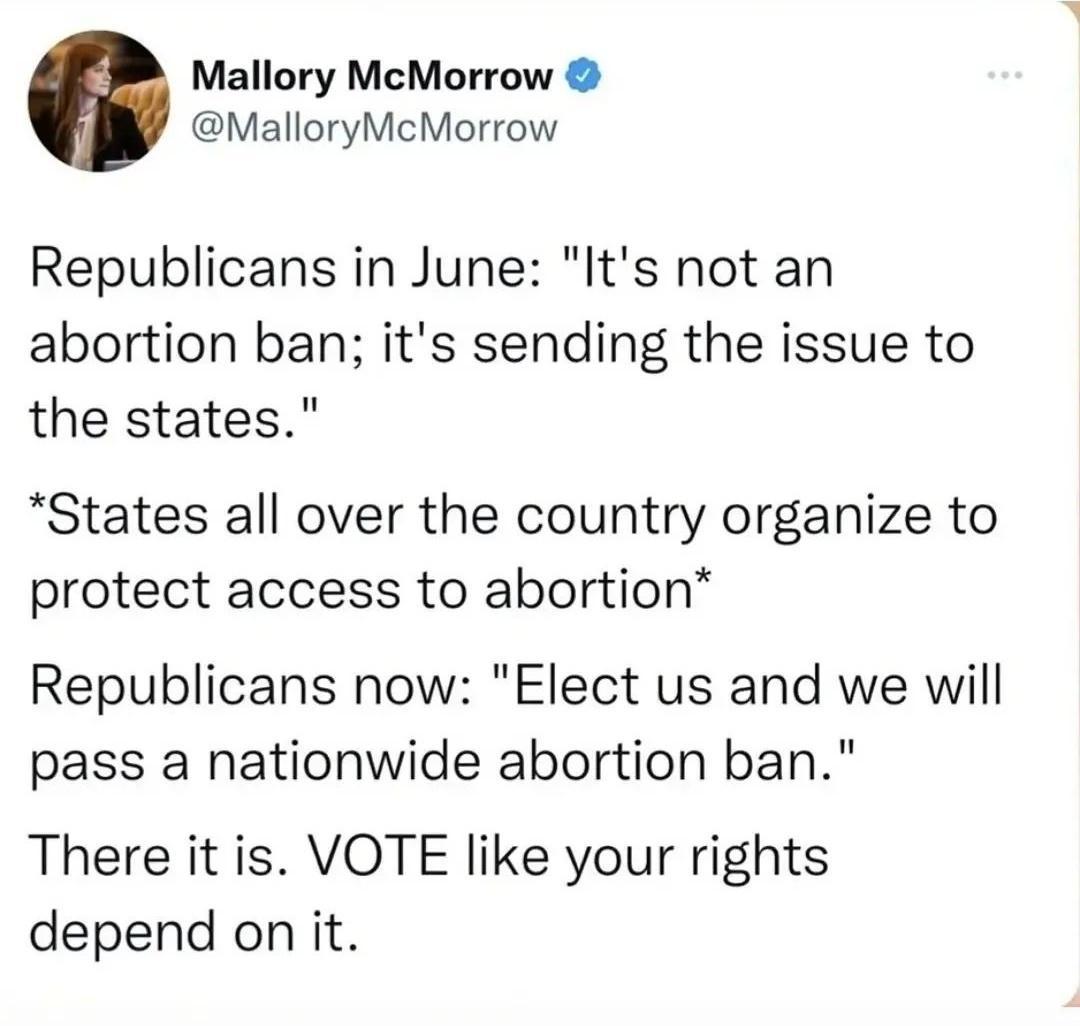 Mallory McMorrow MalloryMcMorrow Republicans in June Its not an abortion ban its sending the issue to the states States all over the country organize to protect access to abortion Republicans now Elect us and we will pass a nationwide abortion ban There it is VOTE like your rights depend on it