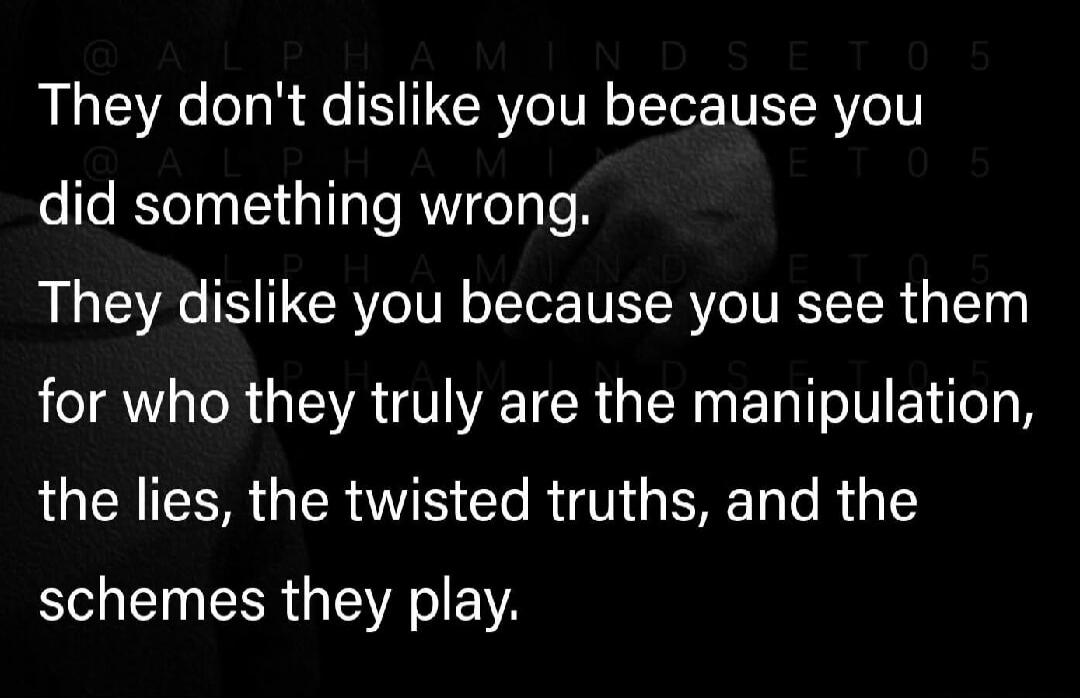 They don't dislike you because you did something wrong. They dislike you because you see them for who they truly are—the manipulation, the lies, the twisted truths, and the schemes they play.
