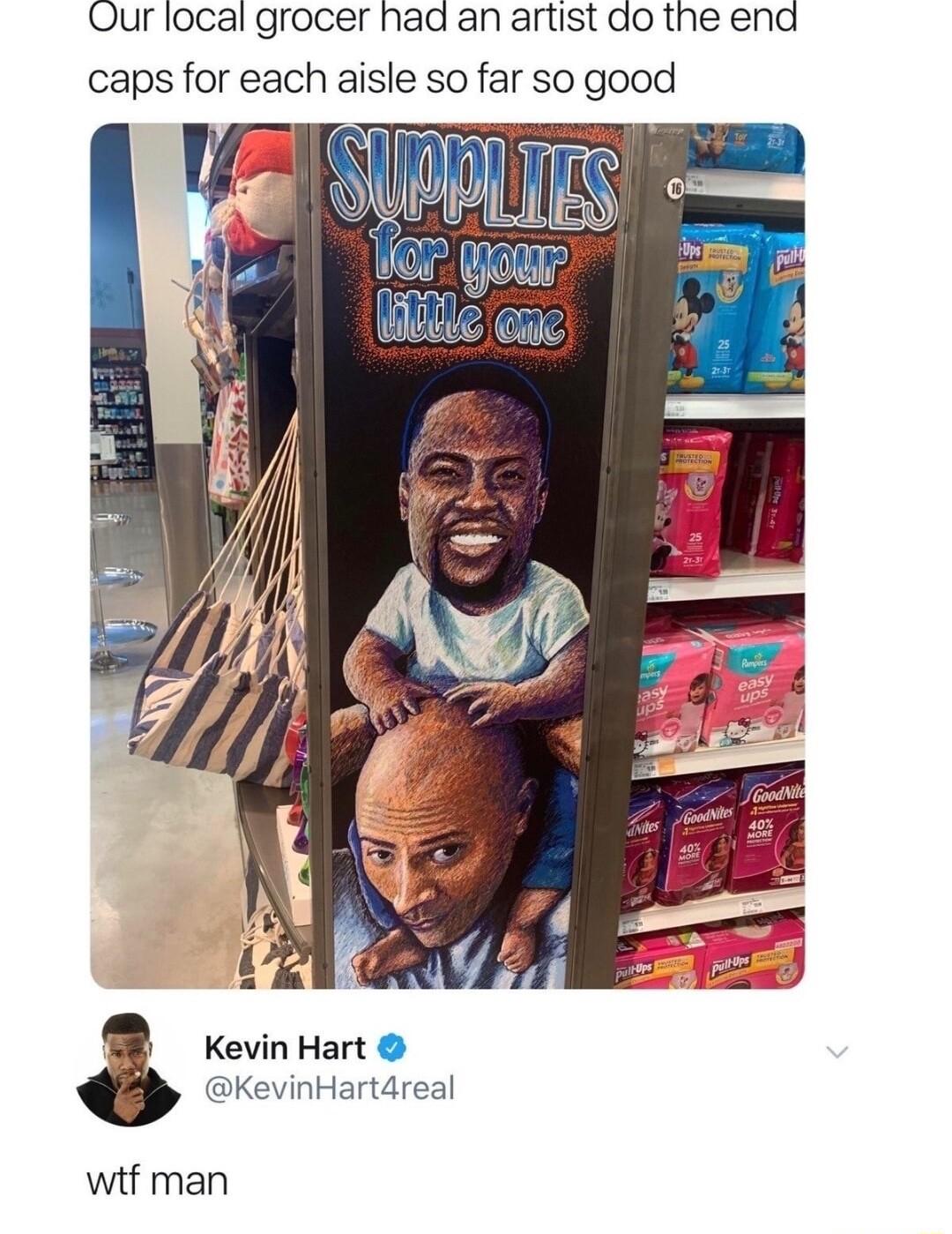 Our local grocer had an artist o the ena caps for each aisle so far so good Kevin Hart KevinHart4real wif man